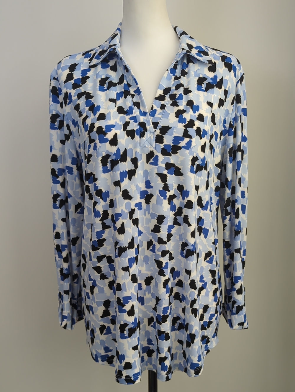 NWT Jones NY Abstract Blue Brushstroke Pattern Split V-Neck Tunic Blouse Top XL